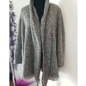 BOSTON PROPER Brown Chevron Draped Knit Open Front Fringe Trim Cardigan Sweater